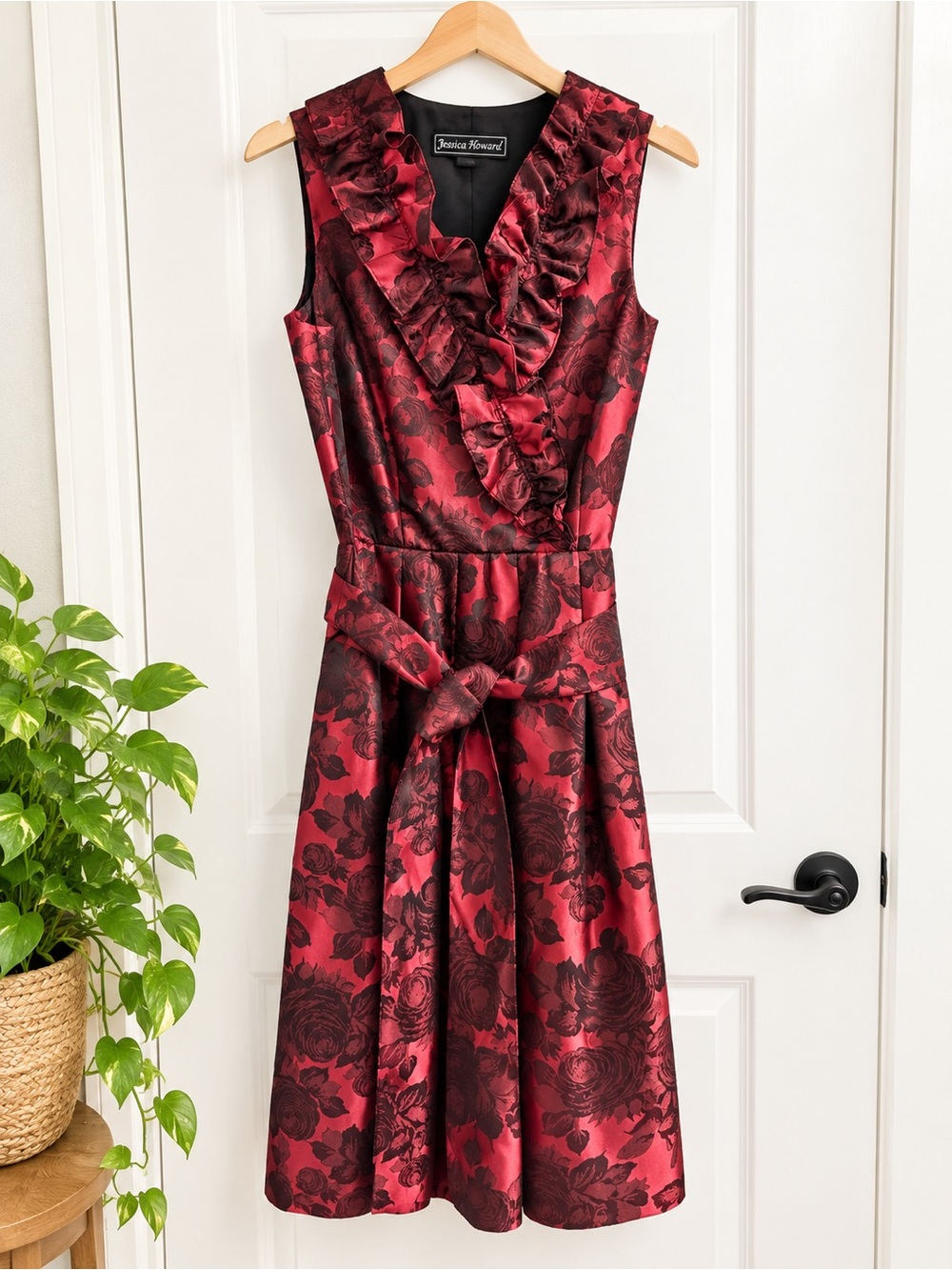 Jessica Howard Red and Black Floral Ruffle Fit-and-Flare Dress